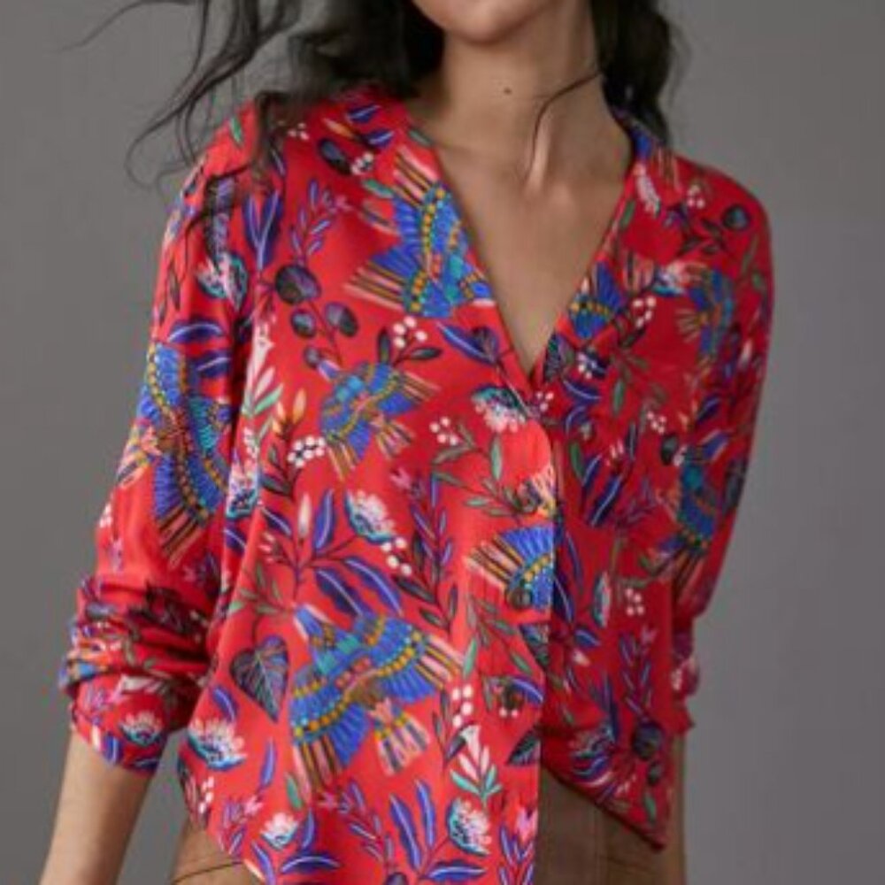 Anthropologie Bird Floral Print Blouse, Sz S
